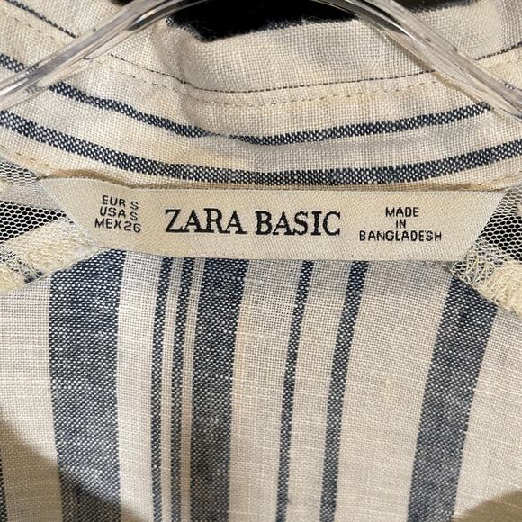 Zara Shirt Dress Linen Blue Cream Striped Lace Shoulder Tunic Style Mini S - Picture 2 of 6